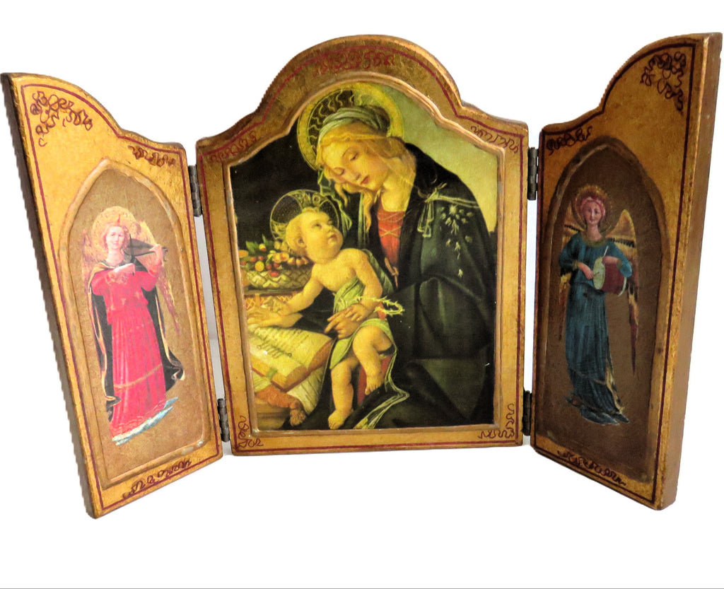 Italian Florentine Folding Triptych, Madonna & Child with Musical Angels, Vintage Religious Icon - Vintage French Treasures