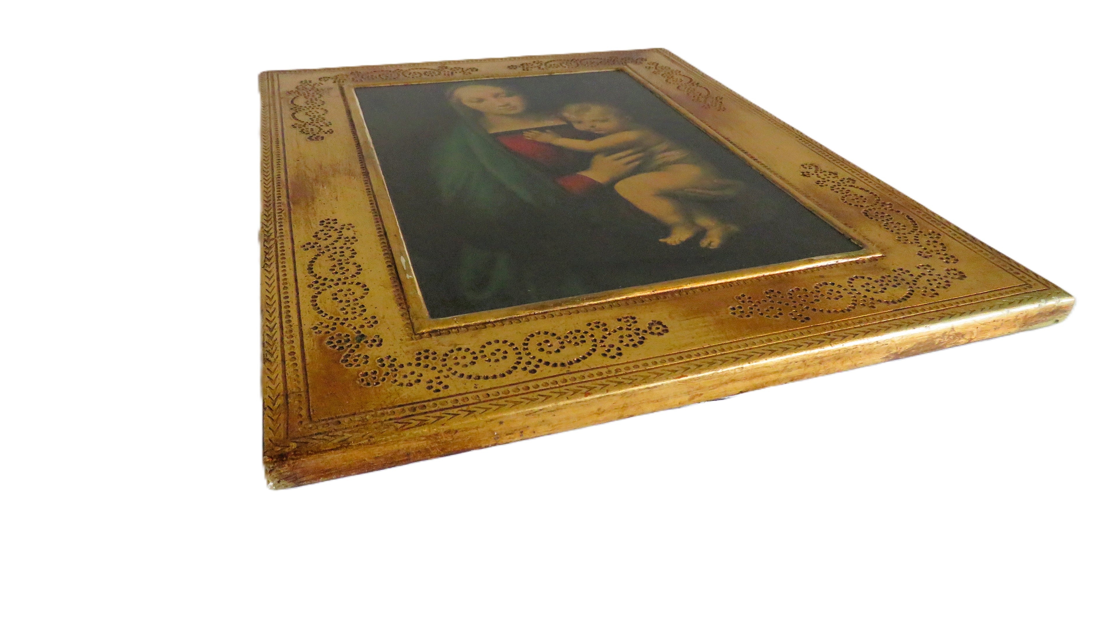 Vintage Italian Florentine Madonna del Granduca Wall Plaque, Gilt Wood, Palazzo Pitti, Raphael Print - Vintage French Treasures
