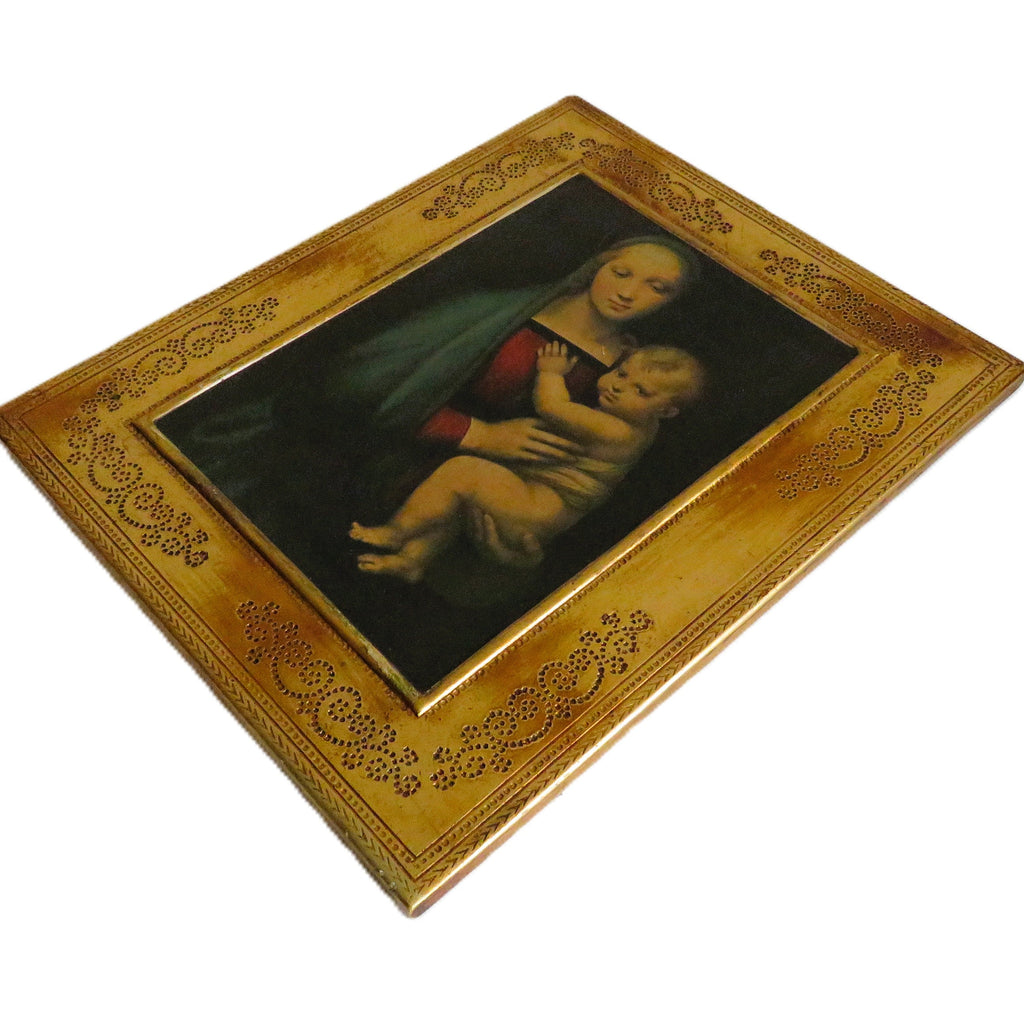 Vintage Italian Florentine Madonna del Granduca Wall Plaque, Gilt Wood, Palazzo Pitti, Raphael Print - Vintage French Treasures