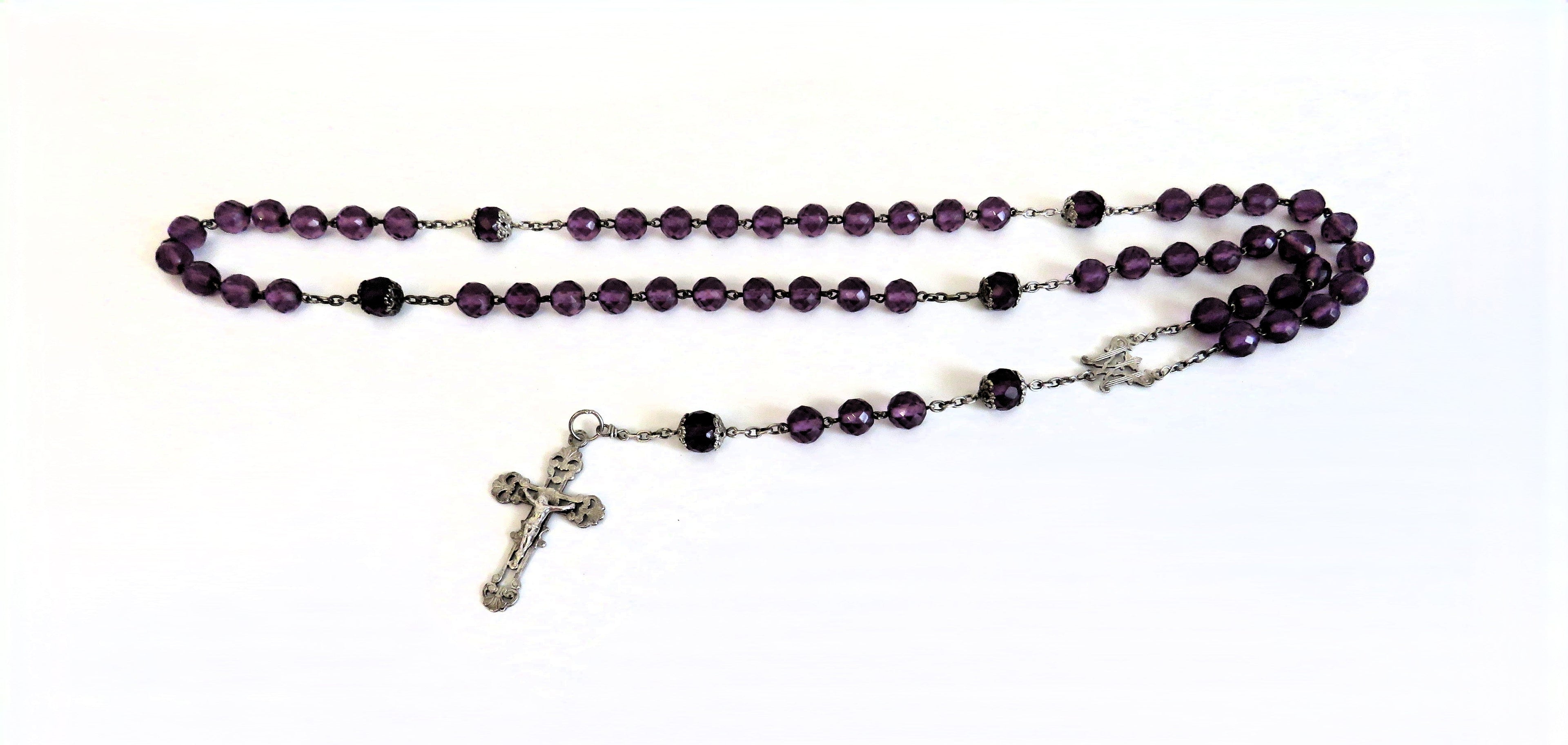 Large Antique French Silver Rosary with Purple Faceted Beads c.1900 - Vintage French Treasures