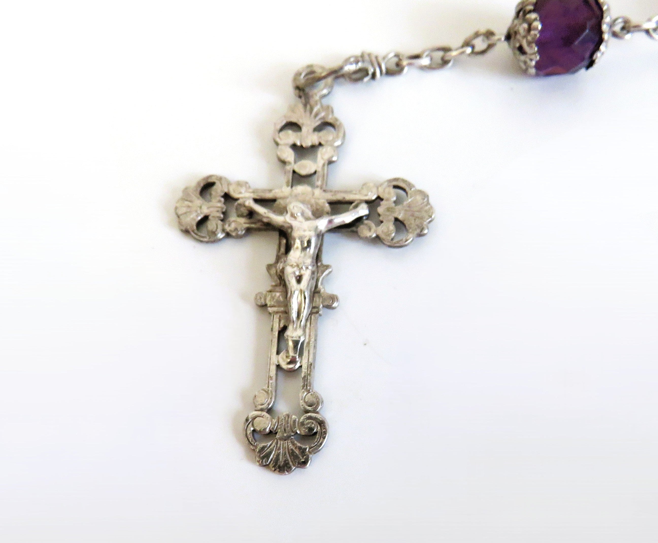Large Antique French Silver Rosary with Purple Faceted Beads c.1900 - Vintage French Treasures