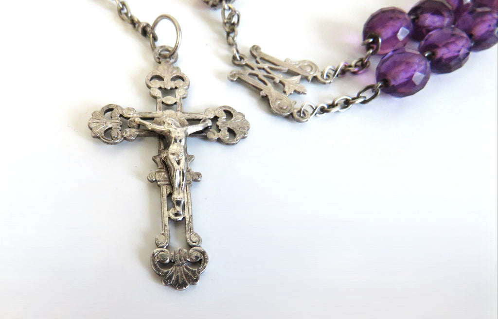 Large Antique French Silver Rosary with Purple Faceted Beads c.1900 - Vintage French Treasures