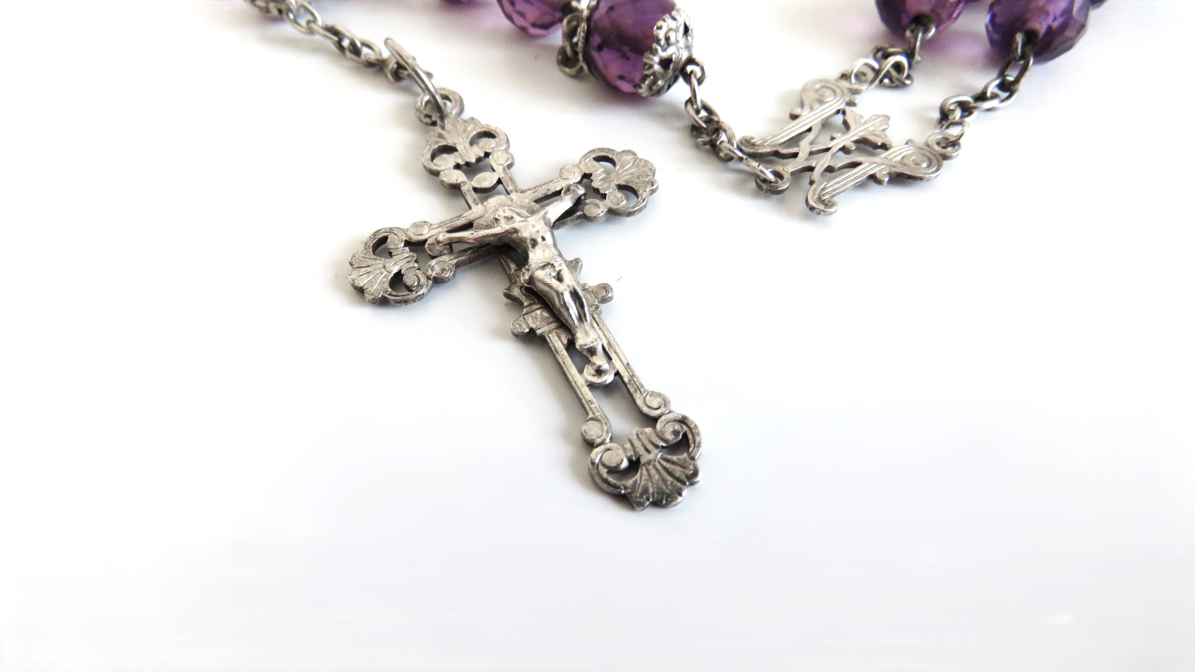Large Antique French Silver Rosary with Purple Faceted Beads c.1900 - Vintage French Treasures