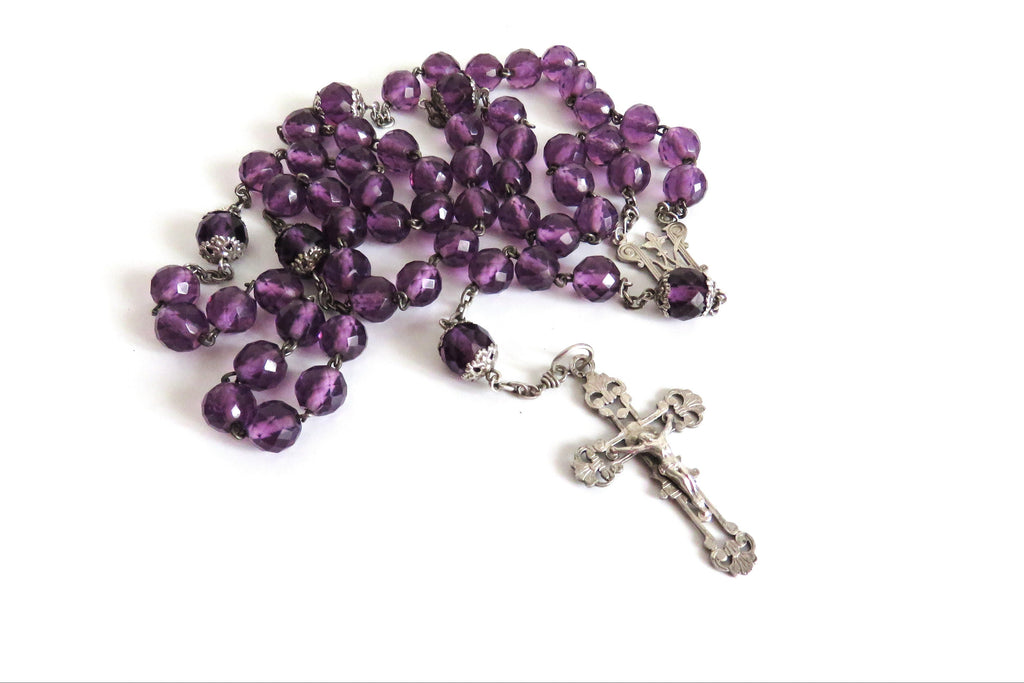 Large Antique French Silver Rosary with Purple Faceted Beads c.1900 - Vintage French Treasures