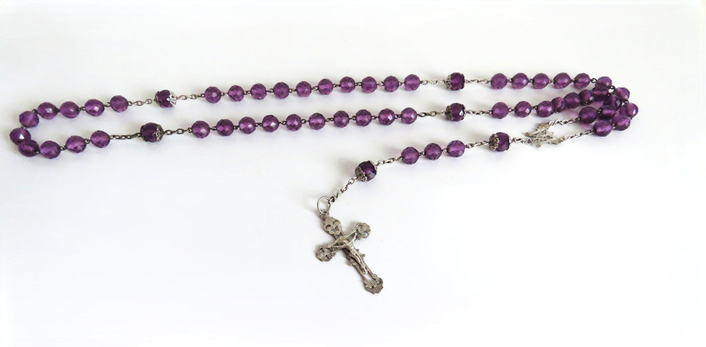 Large Antique French Silver Rosary with Purple Faceted Beads c.1900 - Vintage French Treasures
