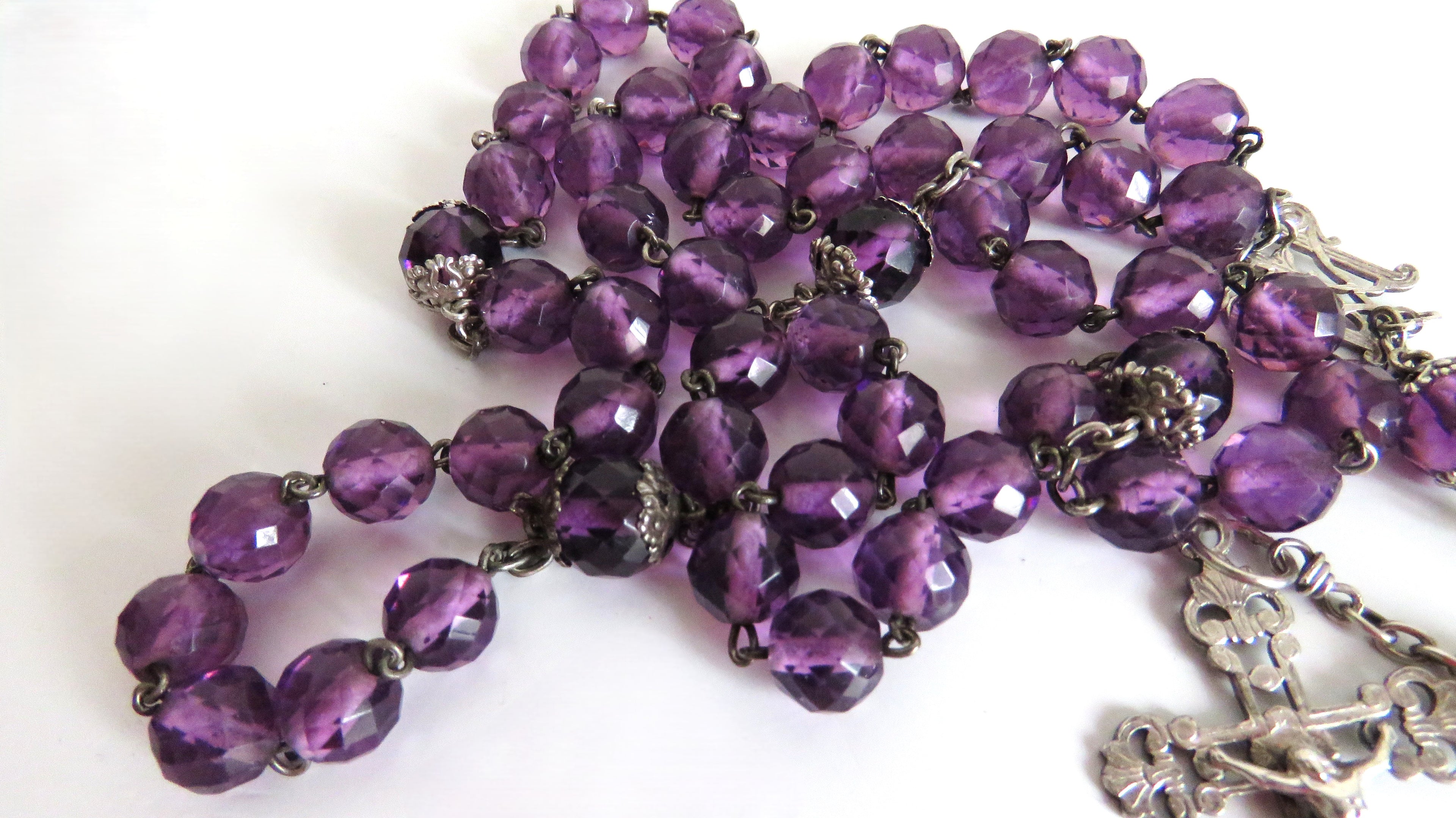 Large Antique French Silver Rosary with Purple Faceted Beads c.1900 - Vintage French Treasures