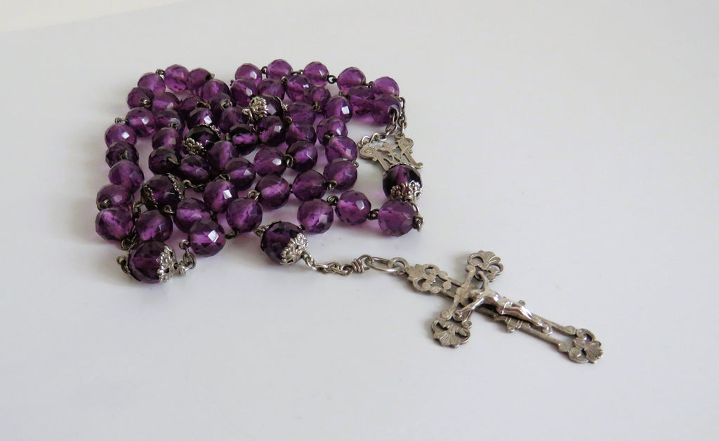 Large Antique French Silver Rosary with Purple Faceted Beads c.1900 - Vintage French Treasures