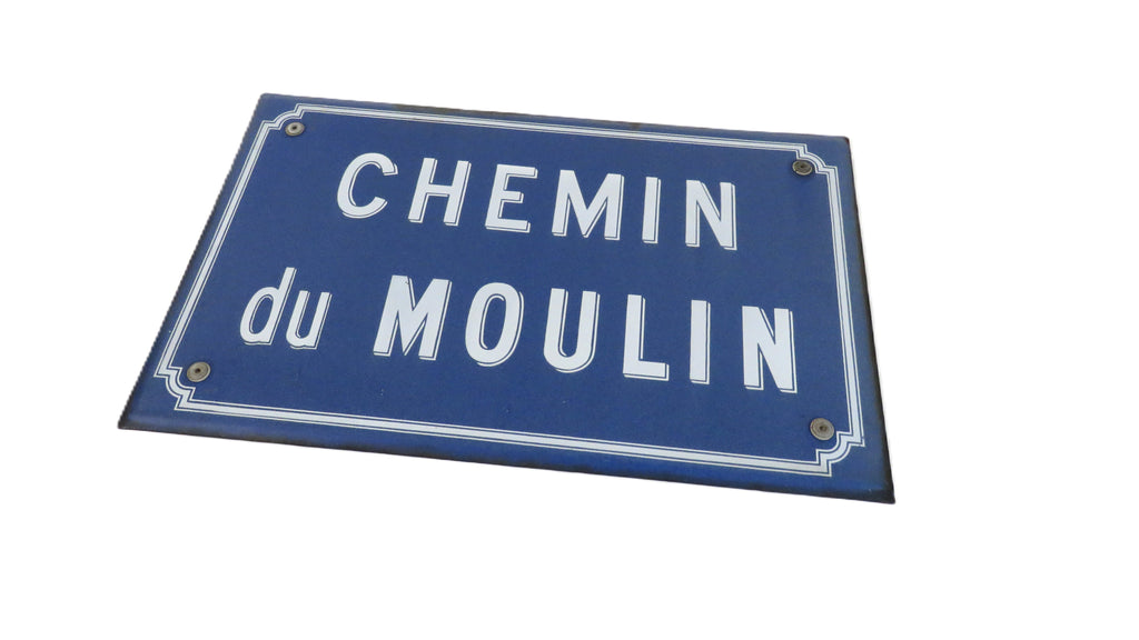 Vintage French Enamel Street Sign Chemin du Moulin Blue Road Plaque with Bracket - Vintage French Treasures
