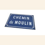 Vintage French Enamel Street Sign Chemin du Moulin Blue Road Plaque with Bracket -