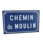 Vintage French Enamel Street Sign Chemin du Moulin Blue Road Plaque with Bracket -