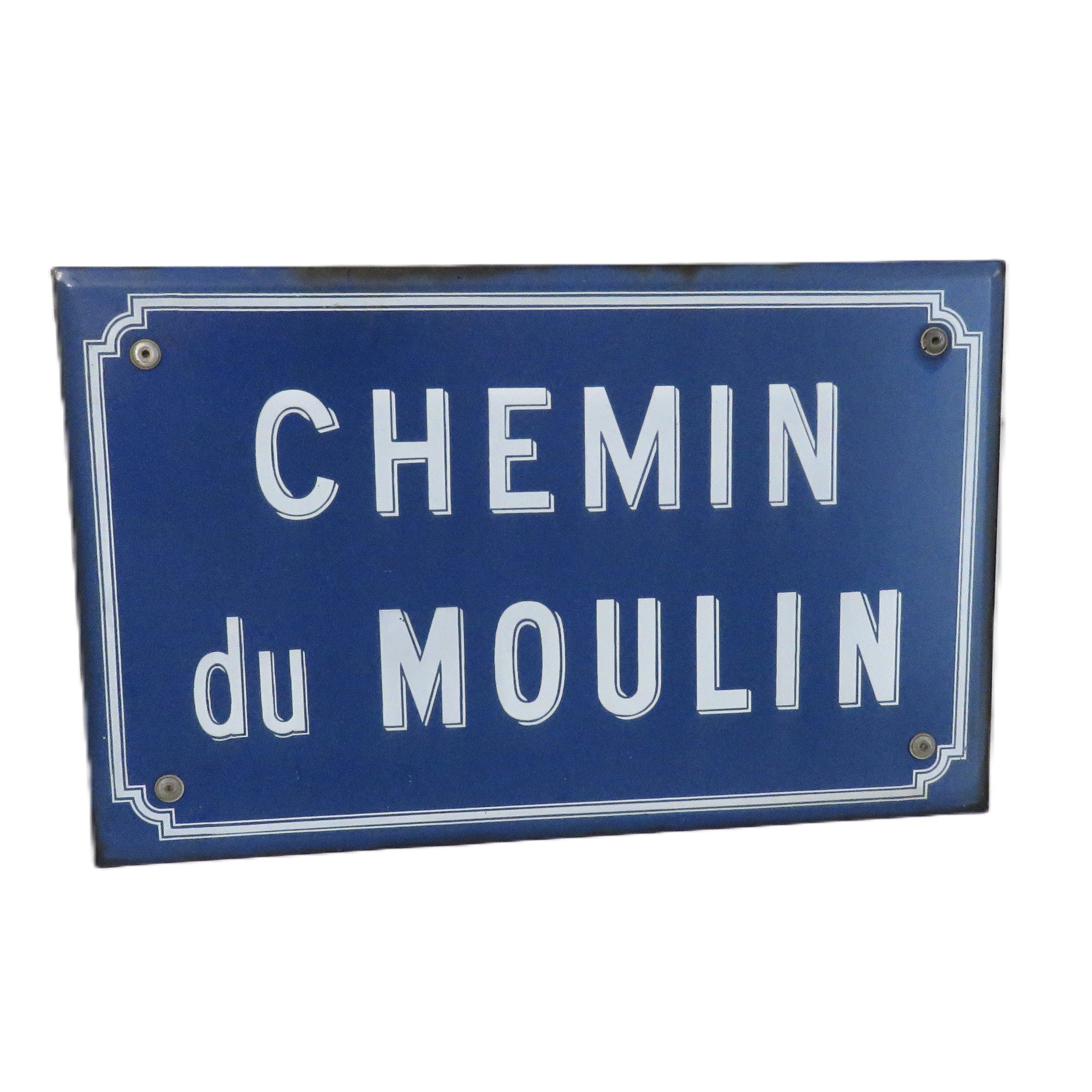 Vintage French Enamel Street Sign Chemin du Moulin Blue Road Plaque with Bracket - Vintage French Treasures