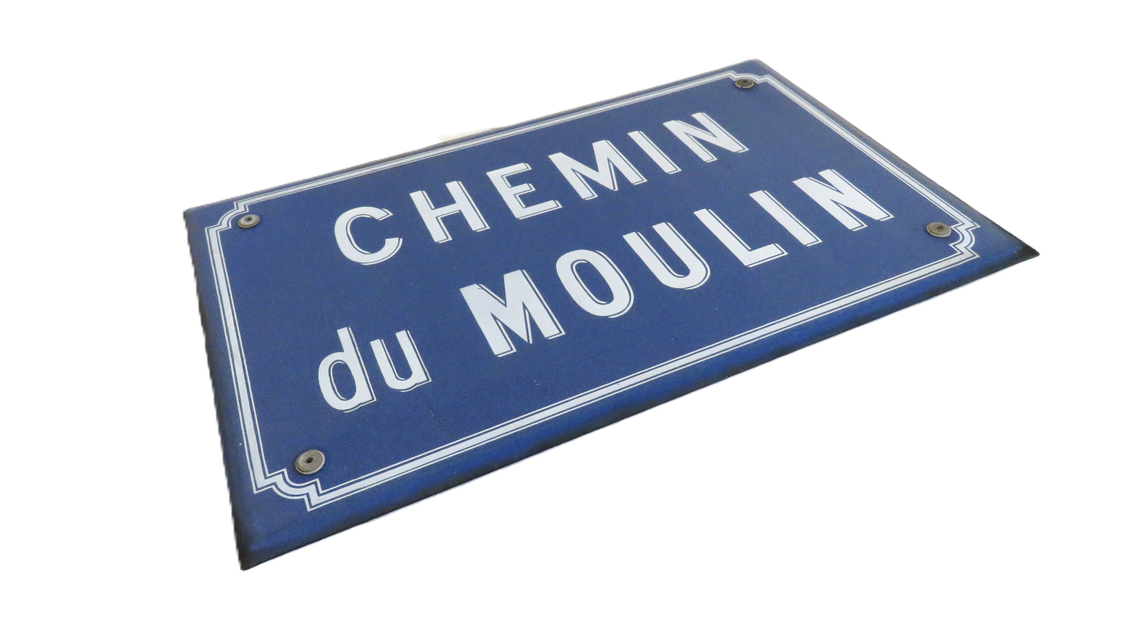 Vintage French Enamel Street Sign Chemin du Moulin Blue Road Plaque with Bracket - Vintage French Treasures