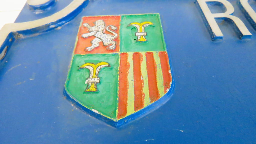 Vintage French “Route de Toulouse” Cast Metal Road Sign Plaque with Heraldic Crest - Vintage French Treasures