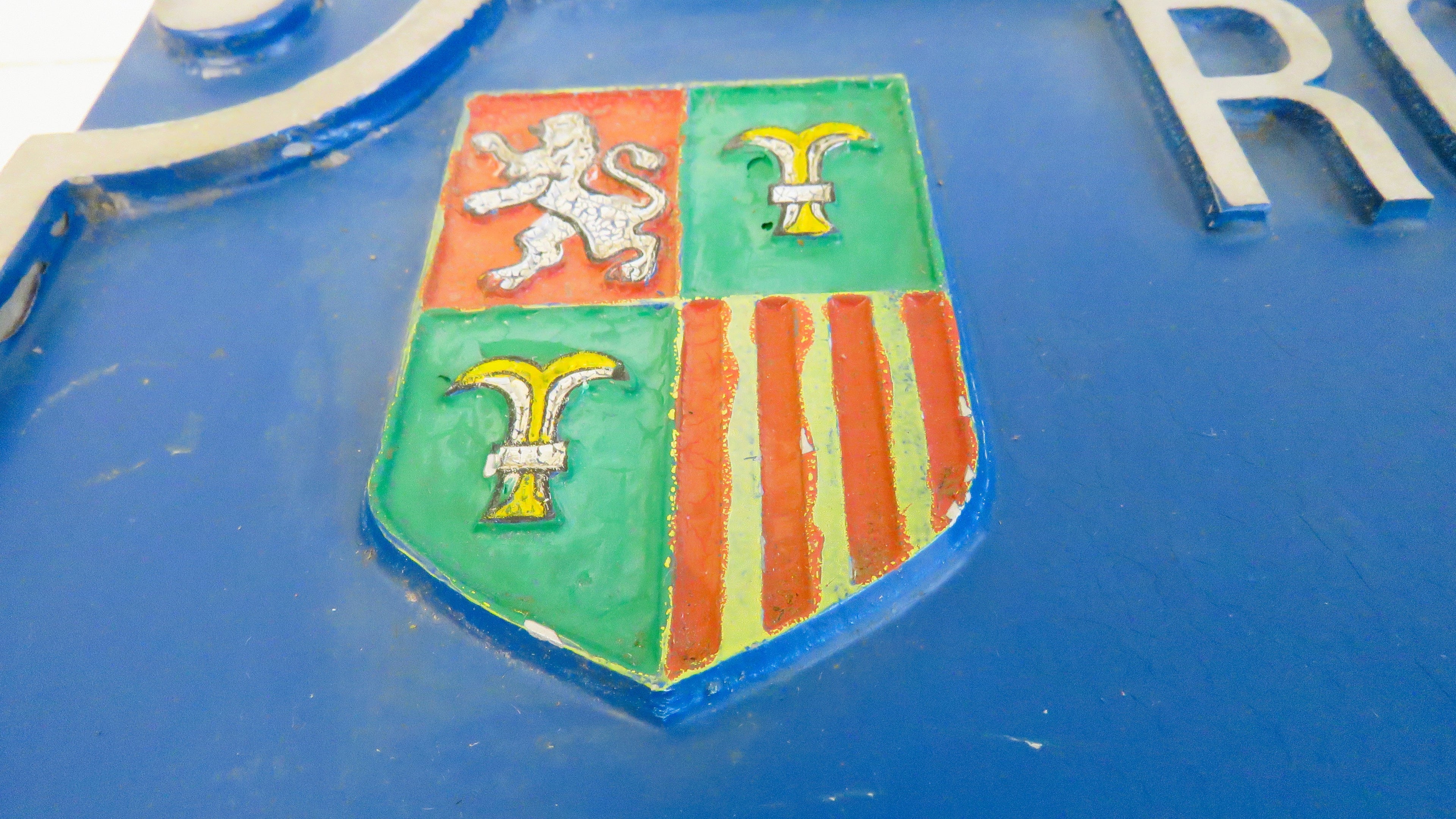 Vintage French “Route de Toulouse” Cast Metal Road Sign Plaque with Heraldic Crest - Vintage French Treasures