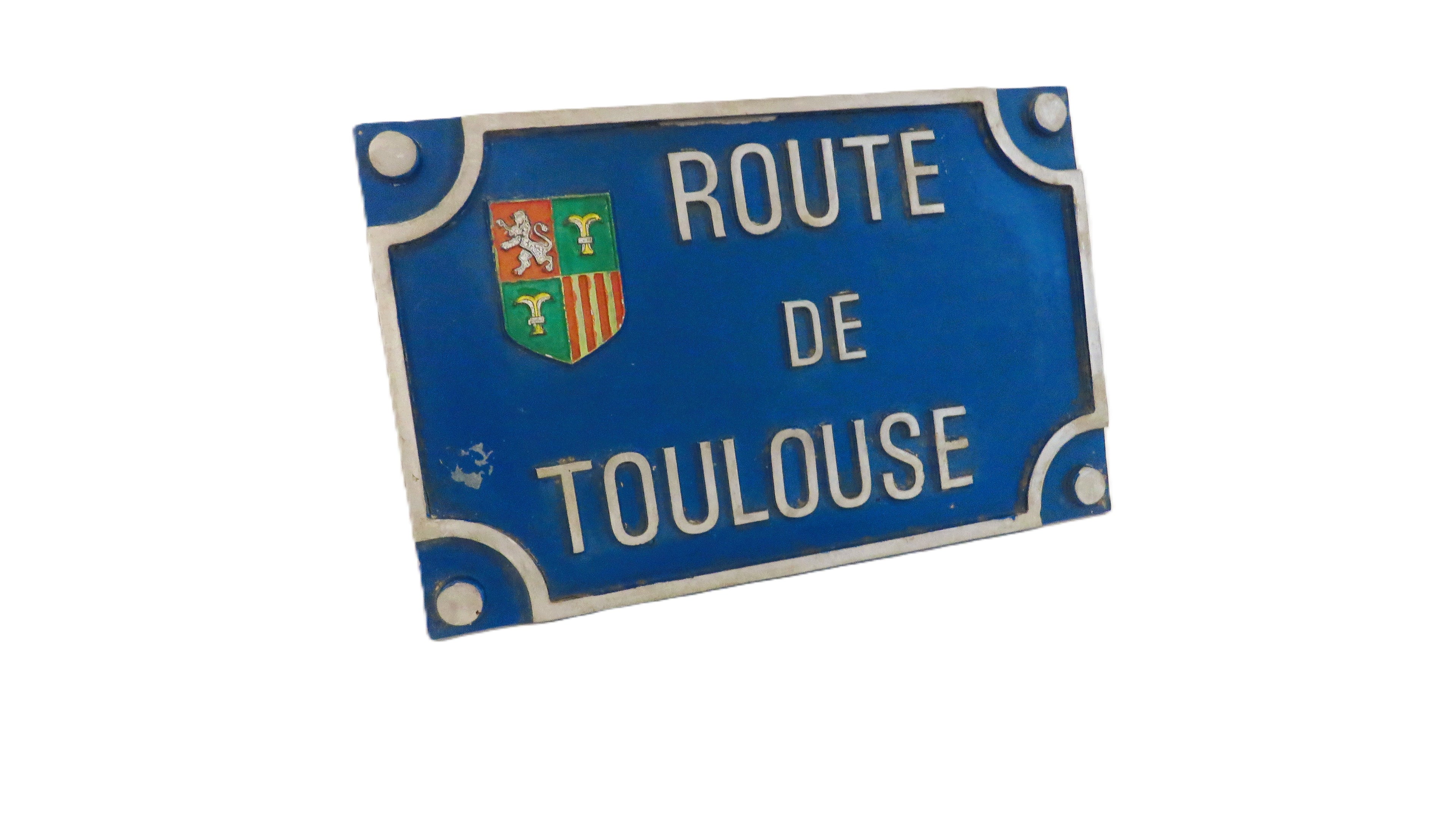 Vintage French “Route de Toulouse” Cast Metal Road Sign Plaque with Heraldic Crest - Vintage French Treasures