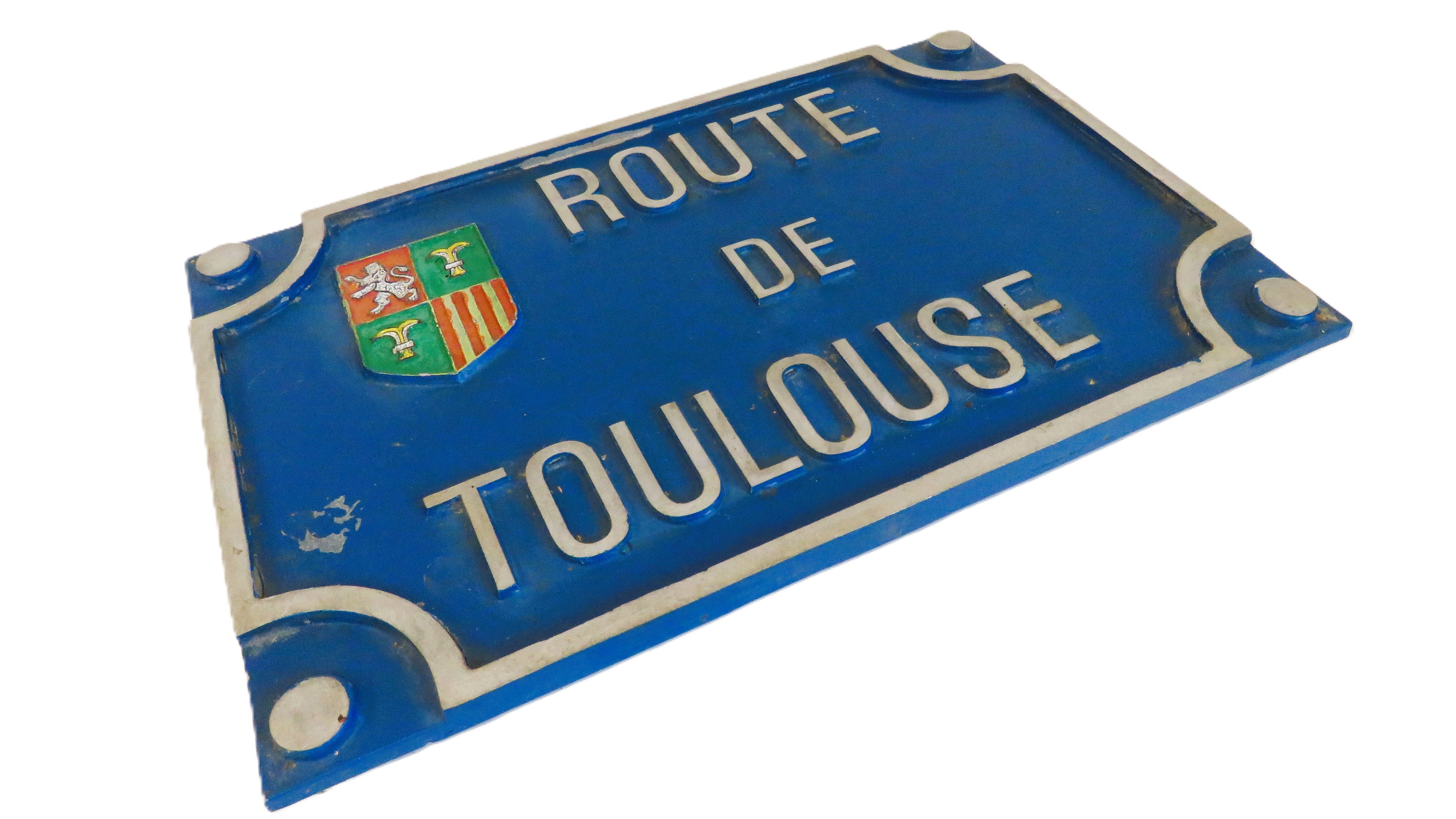 Vintage French “Route de Toulouse” Cast Metal Road Sign Plaque with Heraldic Crest - Vintage French Treasures