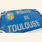 Vintage French “Route de Toulouse” Cast Metal Road Sign Plaque with Heraldic Crest -