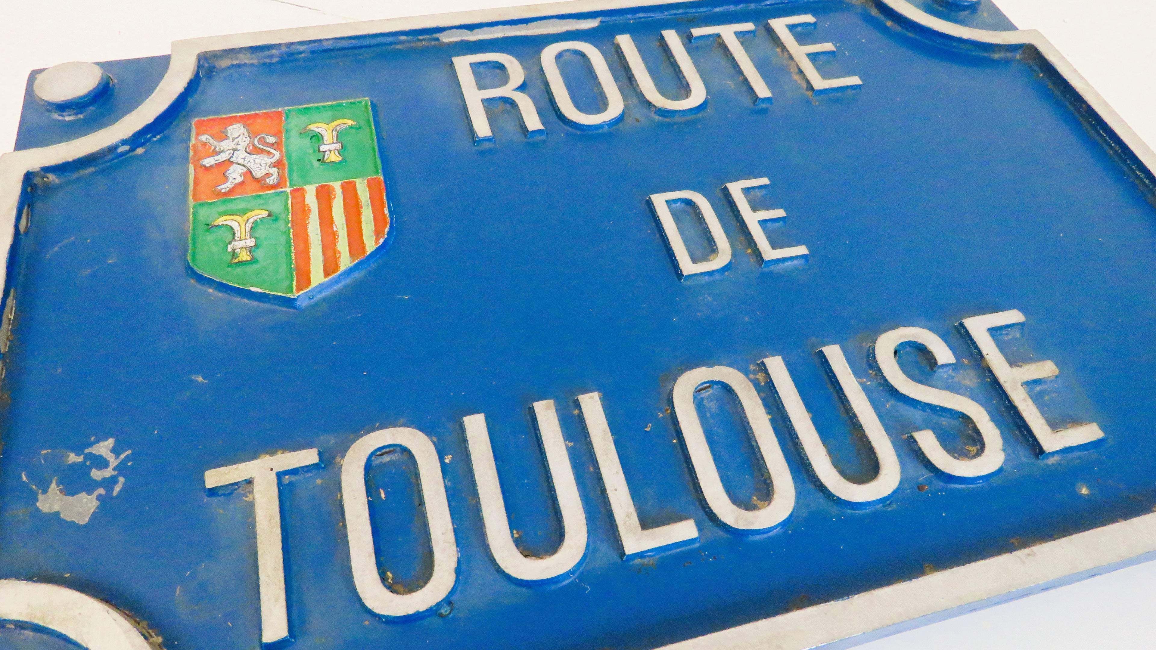 Vintage French “Route de Toulouse” Cast Metal Road Sign Plaque with Heraldic Crest - Vintage French Treasures