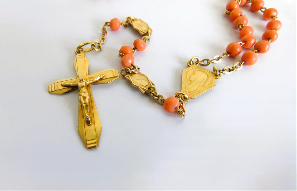 Antique French Coral Rosary Signed Karo Art Deco Coral Rosary - Vintage French Treasures