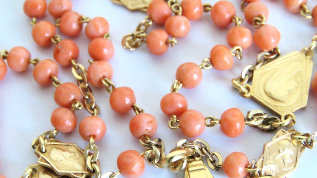 Antique French Coral Rosary Signed Karo Art Deco Coral Rosary - Vintage French Treasures
