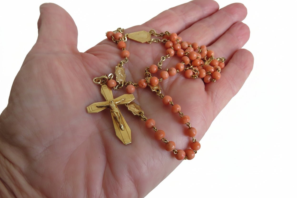 Antique French Coral Rosary Signed Karo Art Deco Coral Rosary - Vintage French Treasures