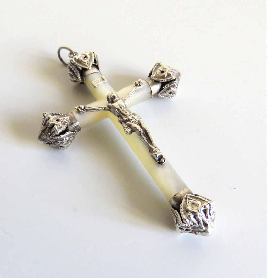 Elegant Antique French Silver & Mother of Pearl Crucifix – First Communion or Wedding Gift - Vintage French Treasures
