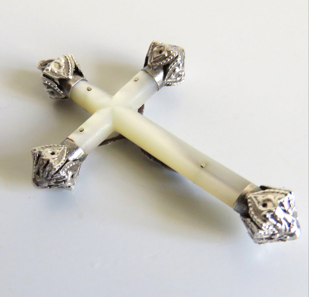 Elegant Antique French Silver & Mother of Pearl Crucifix – First Communion or Wedding Gift - Vintage French Treasures