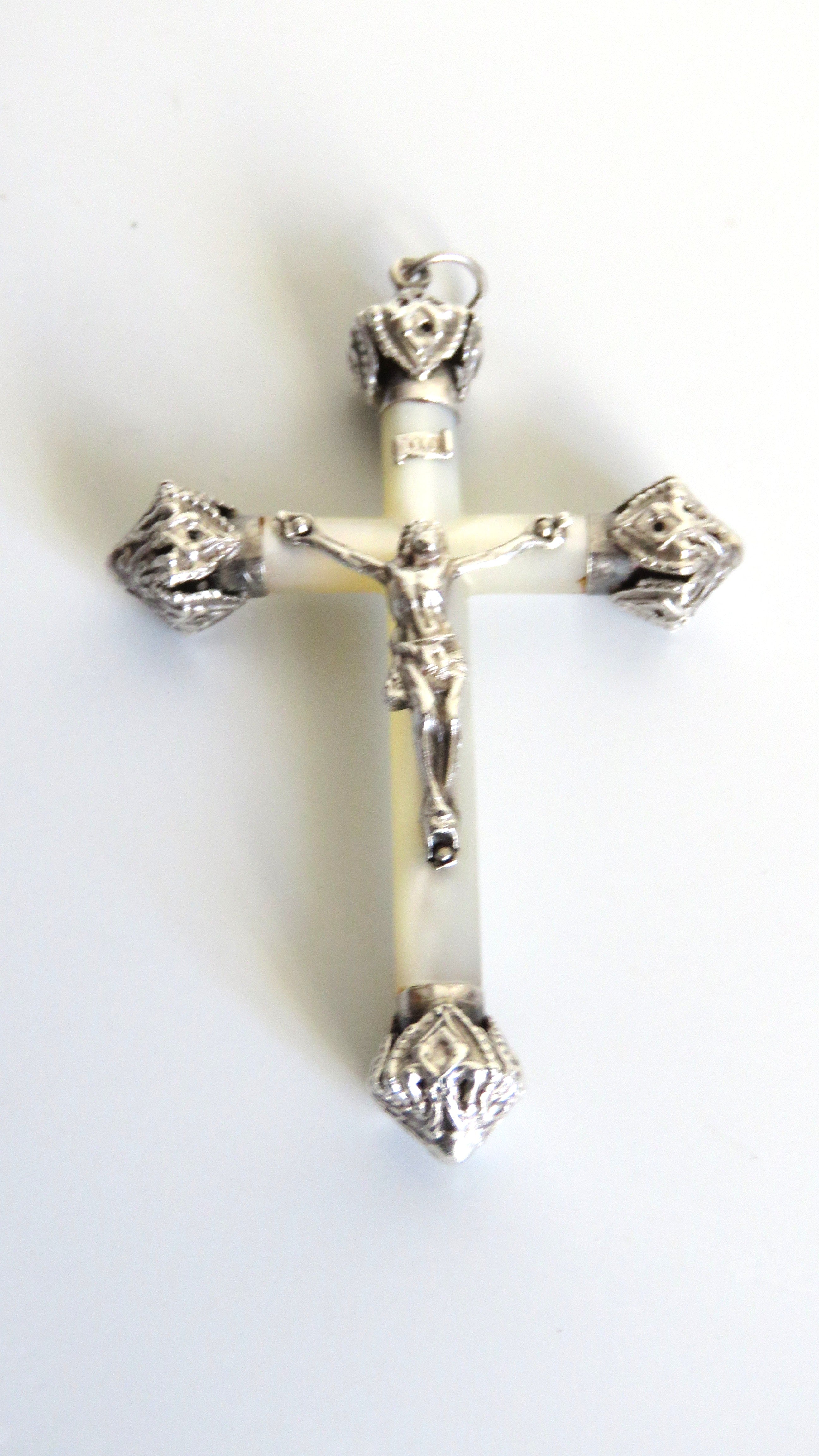 Elegant Antique French Silver & Mother of Pearl Crucifix – First Communion or Wedding Gift - Vintage French Treasures