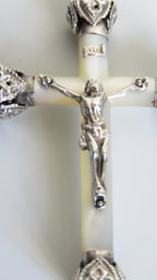 Elegant Antique French Silver & Mother of Pearl Crucifix – First Communion or Wedding Gift -