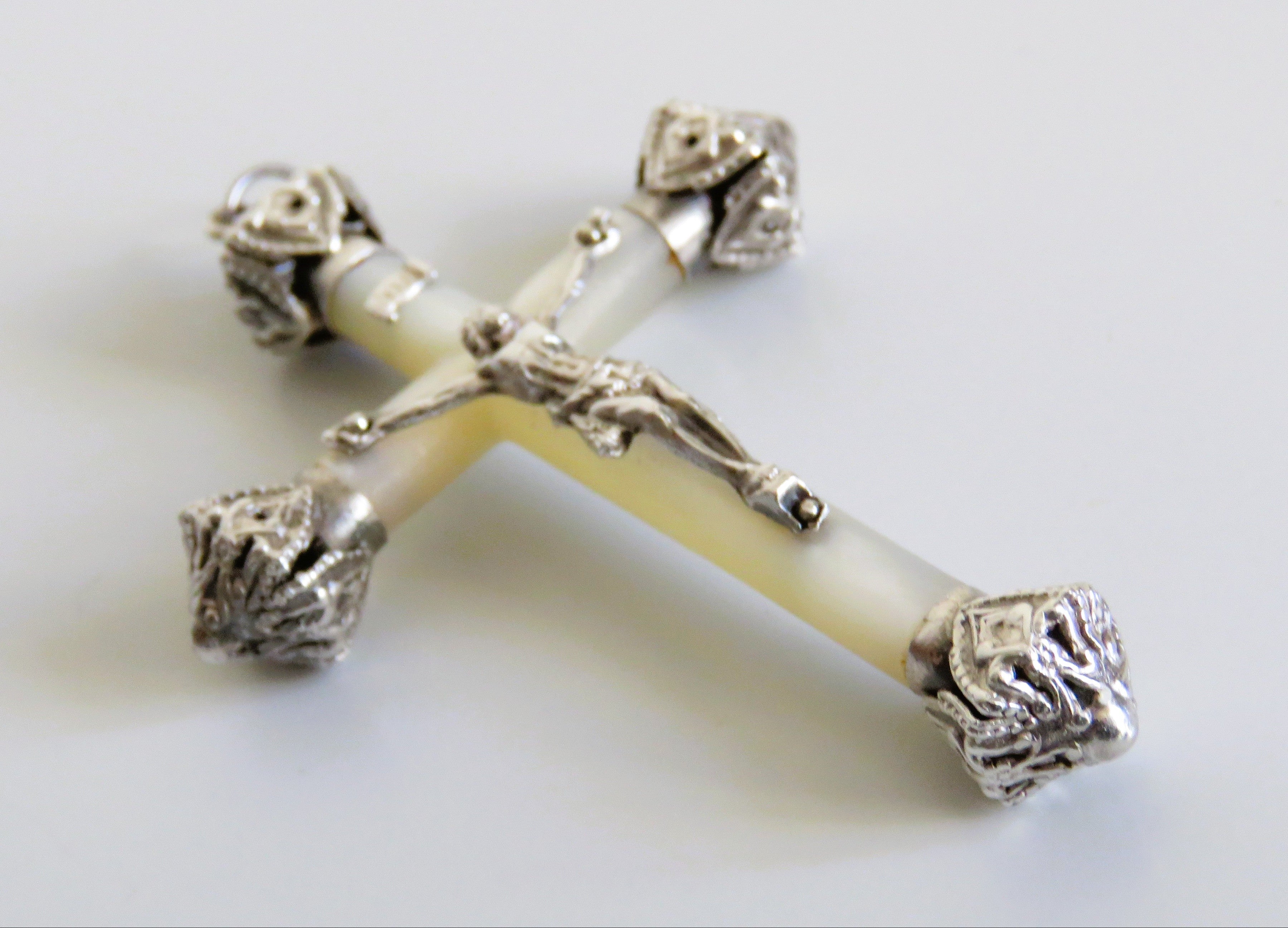 Elegant Antique French Silver & Mother of Pearl Crucifix – First Communion or Wedding Gift - Vintage French Treasures