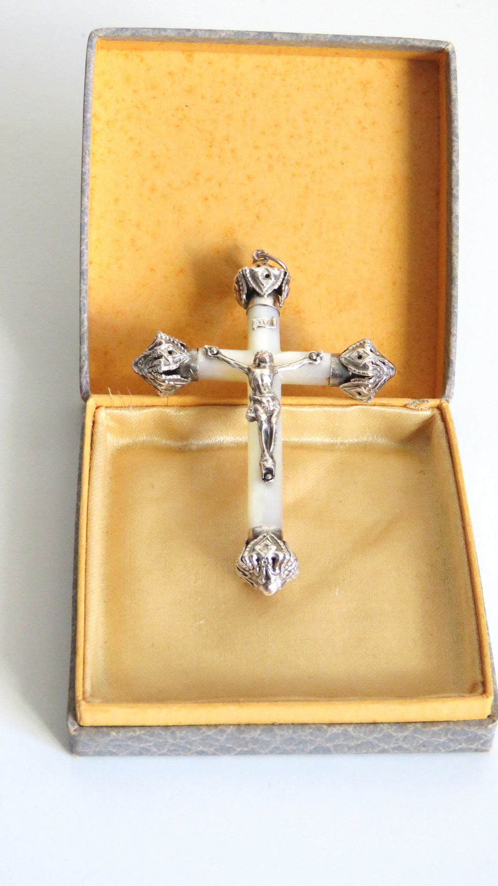 Elegant Antique French Silver & Mother of Pearl Crucifix – First Communion or Wedding Gift - Vintage French Treasures