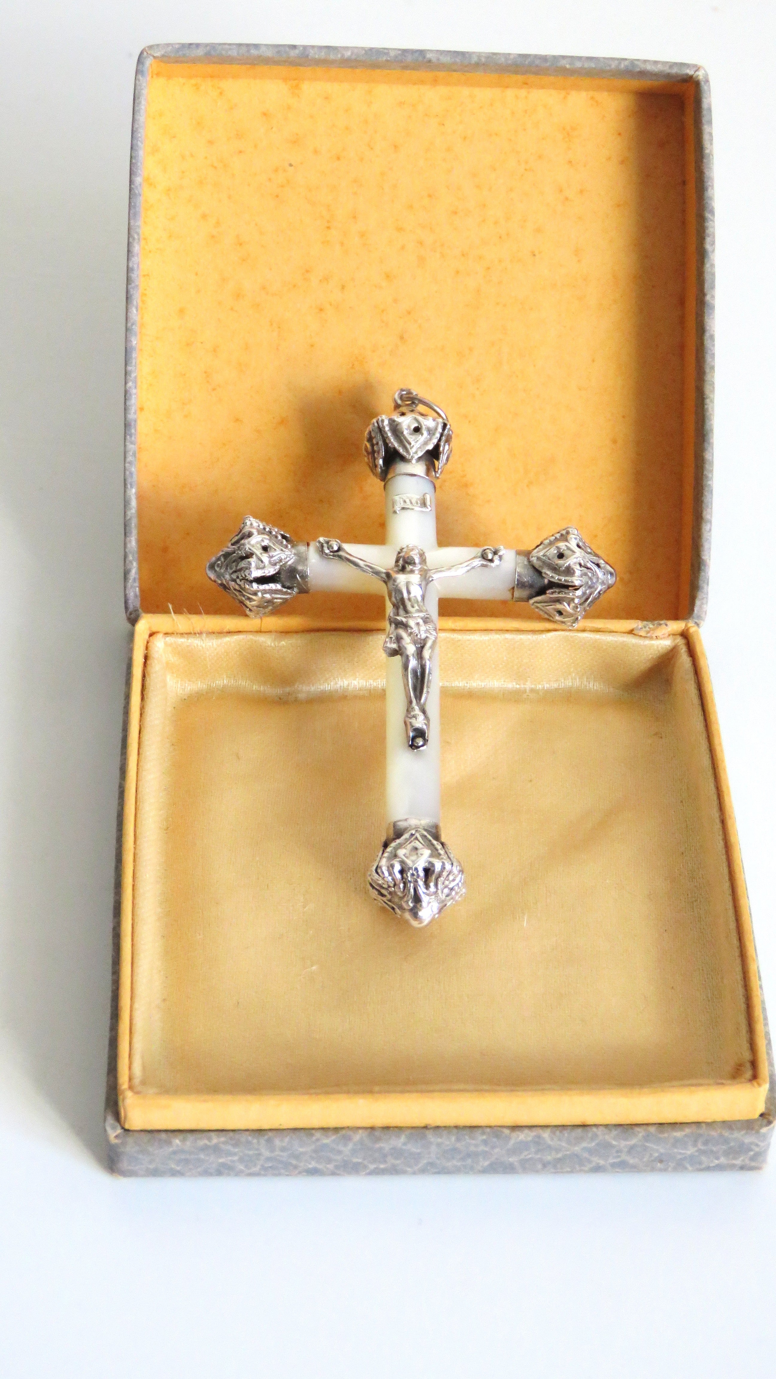 Elegant Antique French Silver & Mother of Pearl Crucifix – First Communion or Wedding Gift - Vintage French Treasures