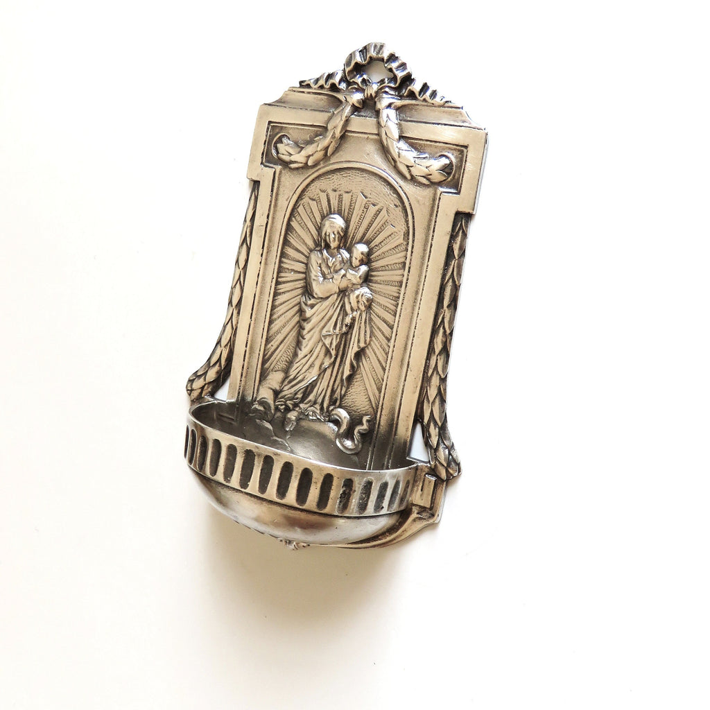 Antique Silver Holy Water Font Virgin & Child - Vintage French Treasures