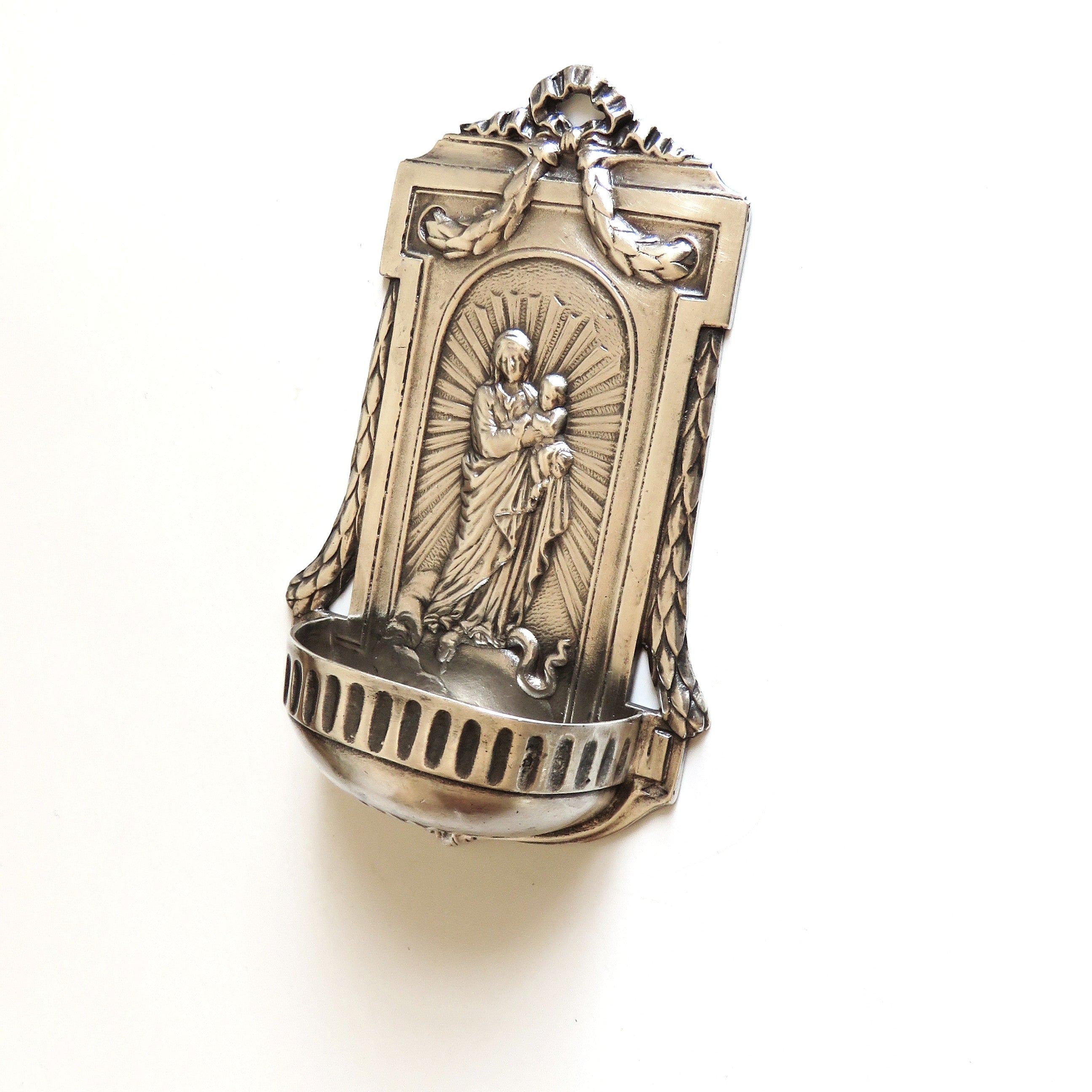 Antique Silver Holy Water Font Virgin & Child - Vintage French Treasures