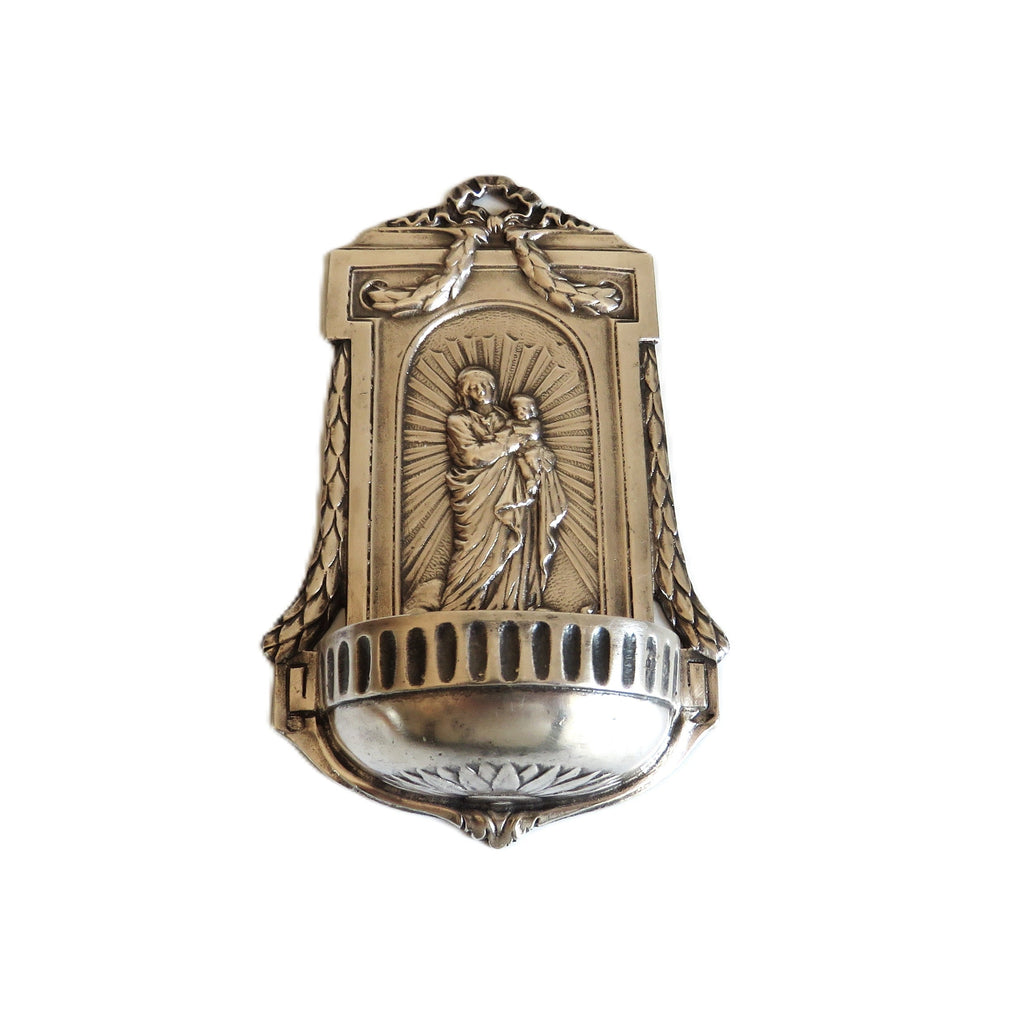 Antique Silver Holy Water Font Virgin & Child - Vintage French Treasures