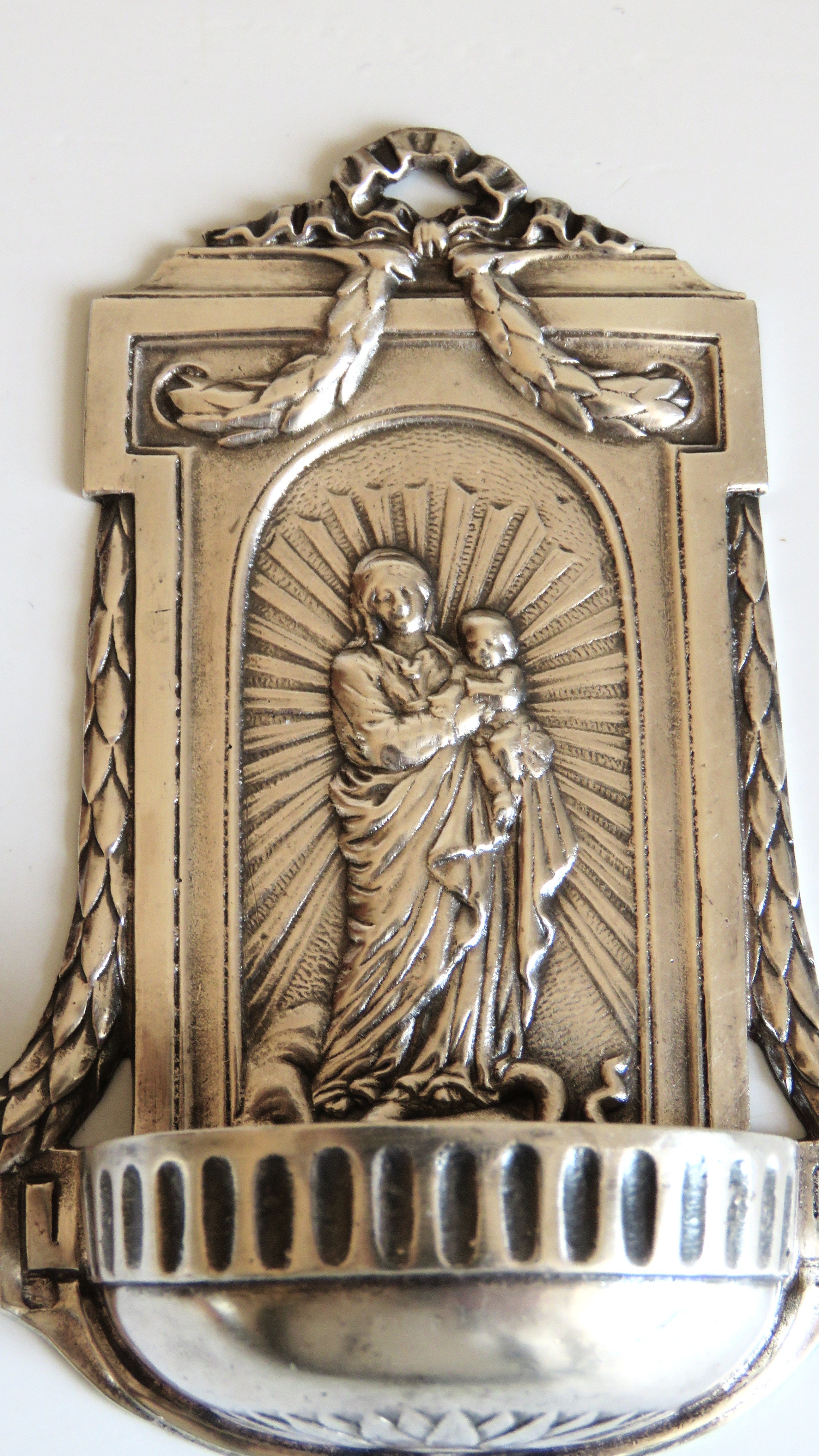 Antique Silver Holy Water Font Virgin & Child - Vintage French Treasures