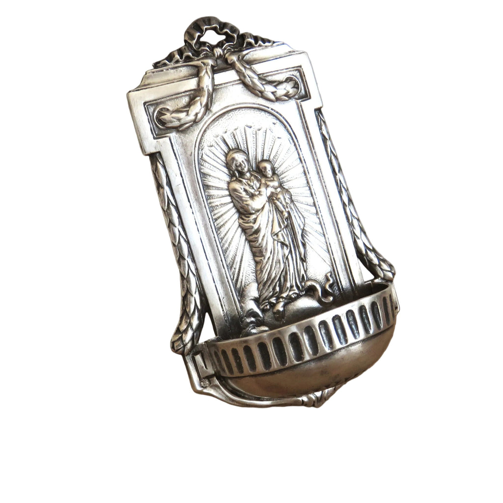 Antique Silver Holy Water Font Virgin & Child - Vintage French Treasures
