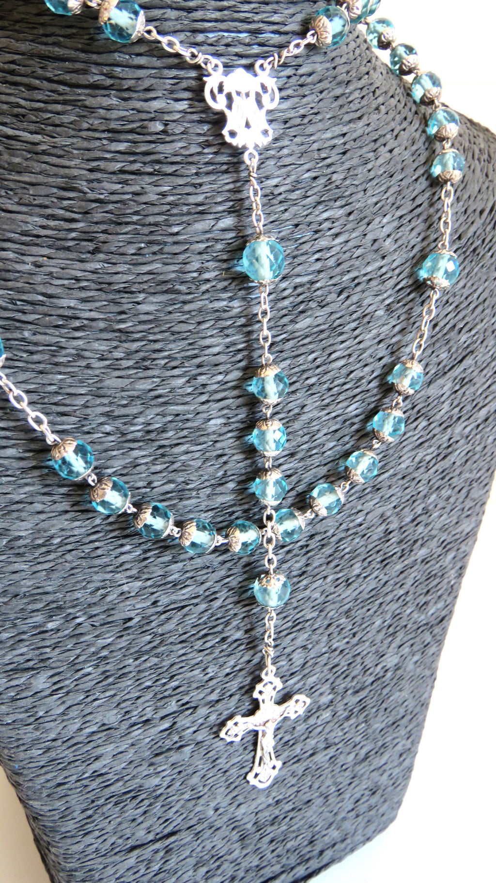 French Late 1920s Rosary Aqua Blue Glass Silver Crucifix Capped Beads - Vintage French Treasures