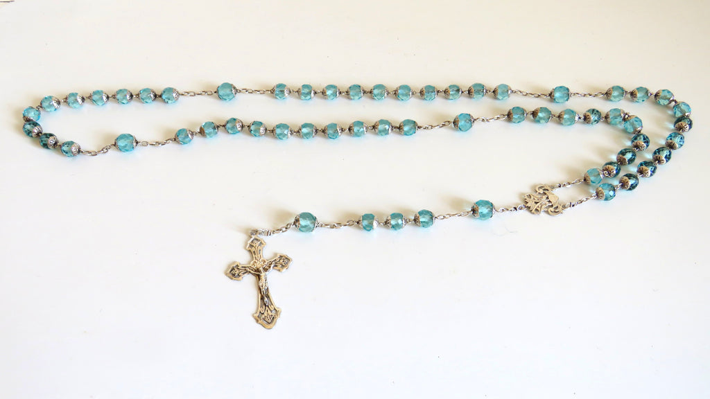 French Late 1920s Rosary Aqua Blue Glass Silver Crucifix Capped Beads - Vintage French Treasures
