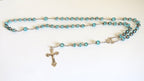 French Late 1920s Rosary Aqua Blue Glass Silver Crucifix Capped Beads -