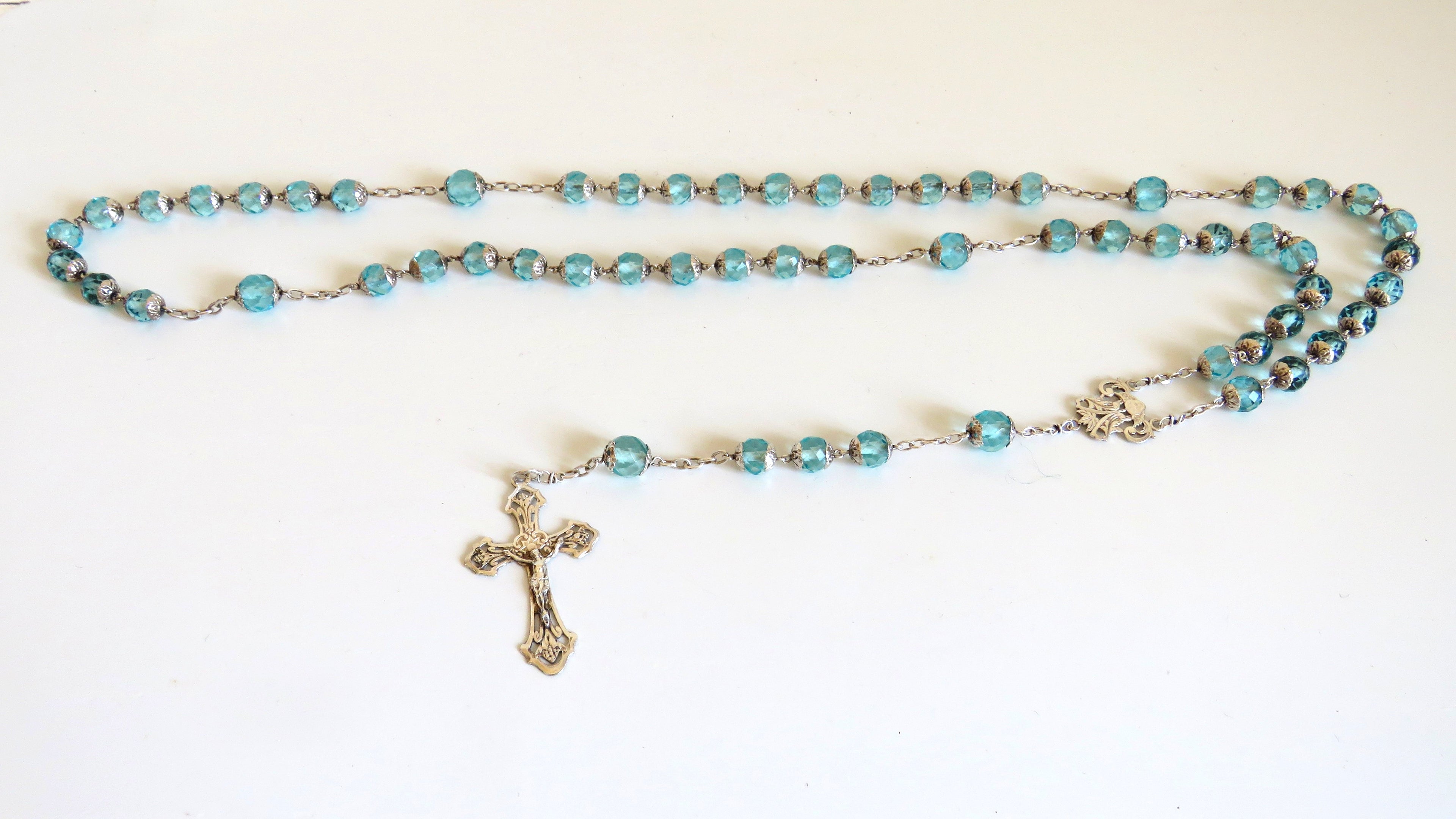 French Late 1920s Rosary Aqua Blue Glass Silver Crucifix Capped Beads - Vintage French Treasures