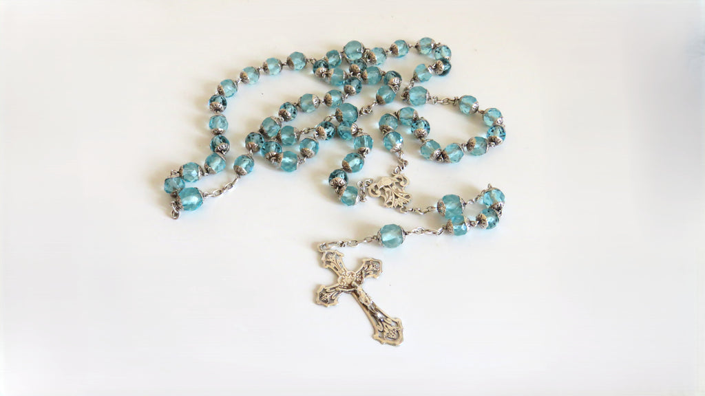 French Late 1920s Rosary Aqua Blue Glass Silver Crucifix Capped Beads - Vintage French Treasures