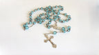 French Late 1920s Rosary Aqua Blue Glass Silver Crucifix Capped Beads -