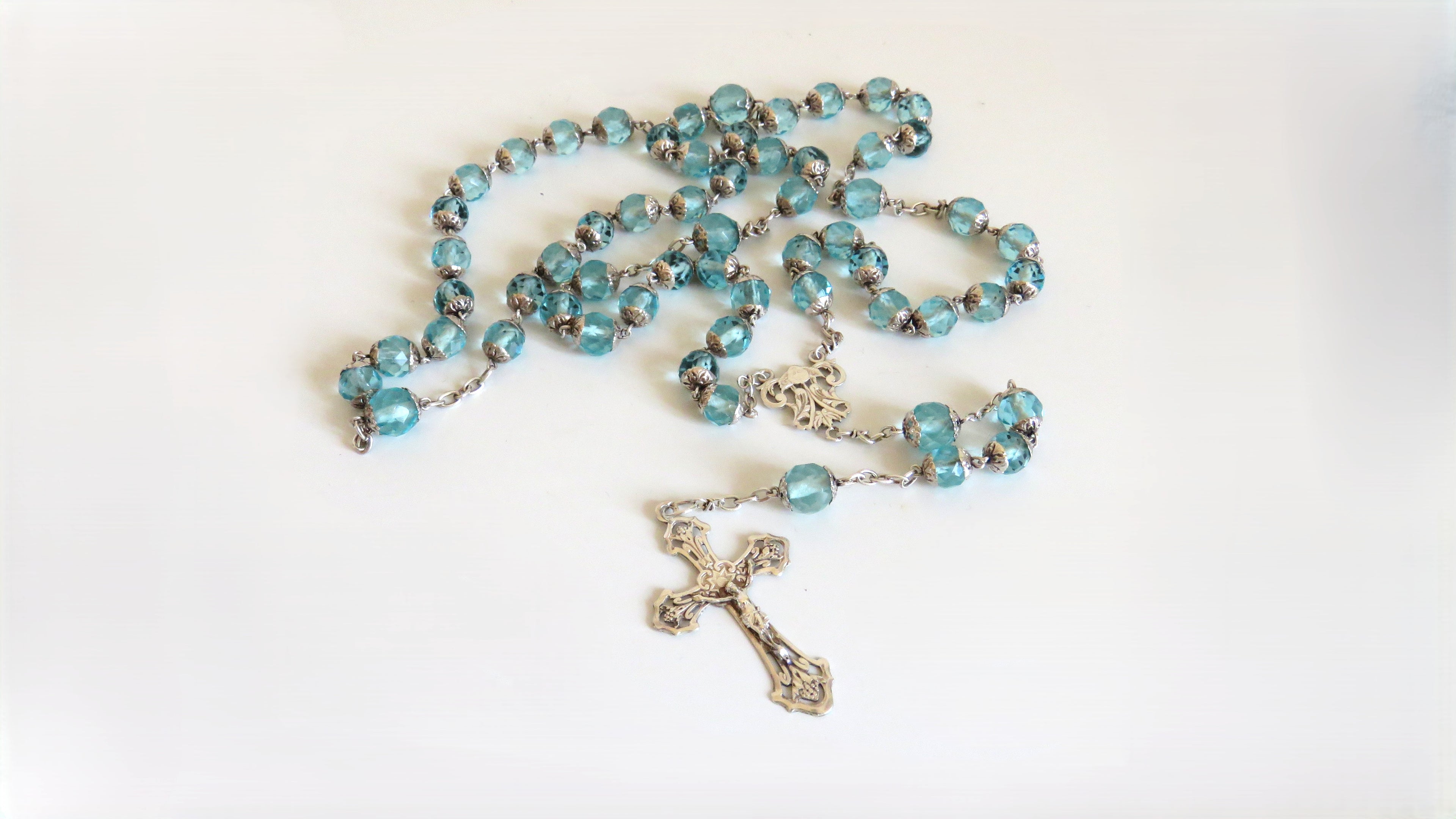 French Late 1920s Rosary Aqua Blue Glass Silver Crucifix Capped Beads - Vintage French Treasures