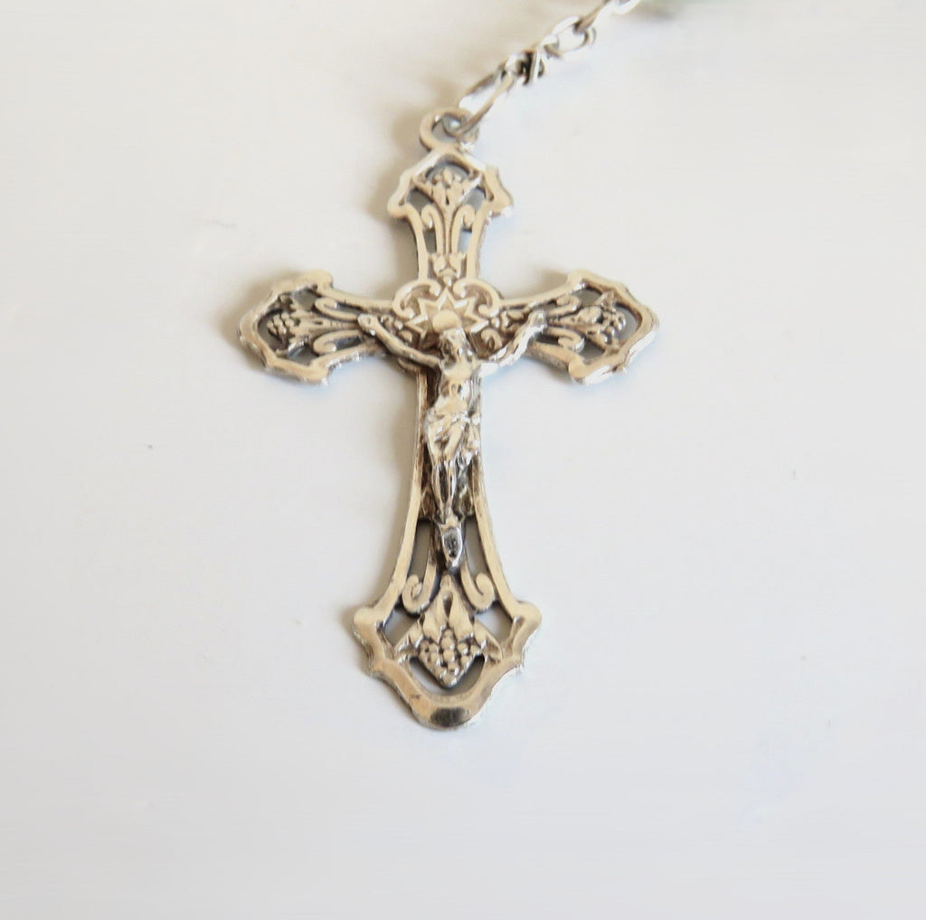 French Late 1920s Rosary Aqua Blue Glass Silver Crucifix Capped Beads - Vintage French Treasures