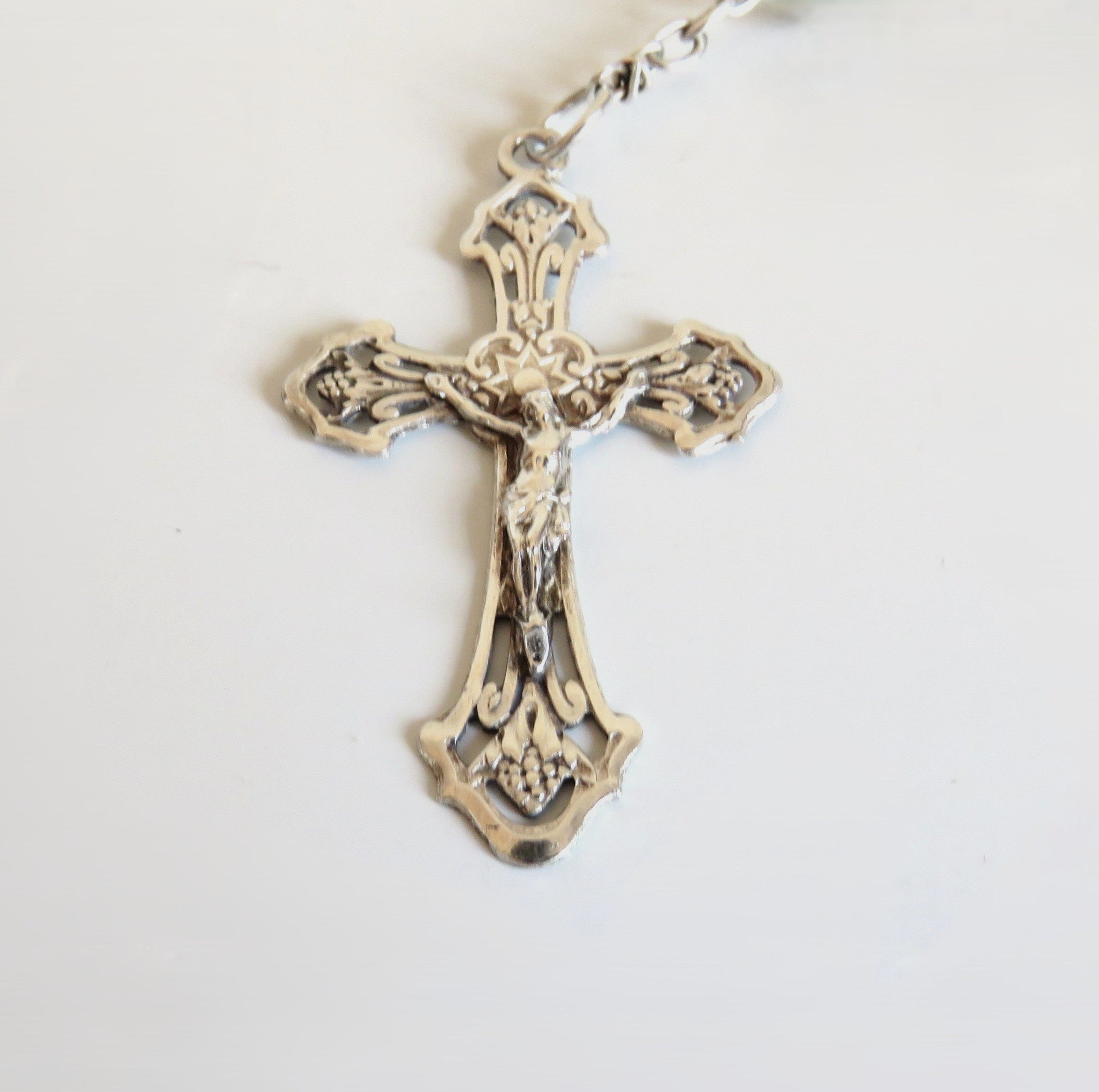 French Late 1920s Rosary Aqua Blue Glass Silver Crucifix Capped Beads - Vintage French Treasures