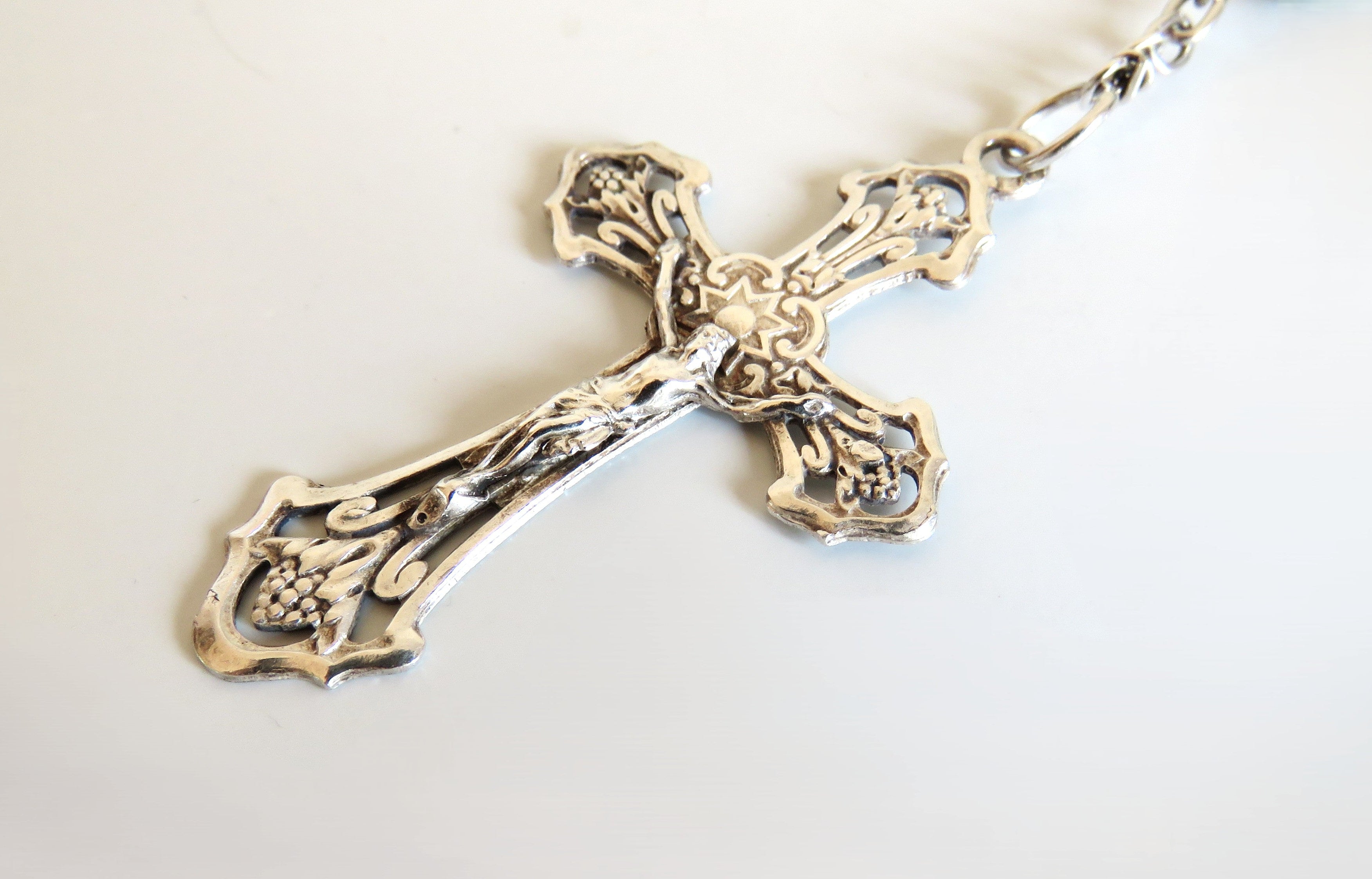 French Late 1920s Rosary Aqua Blue Glass Silver Crucifix Capped Beads - Vintage French Treasures