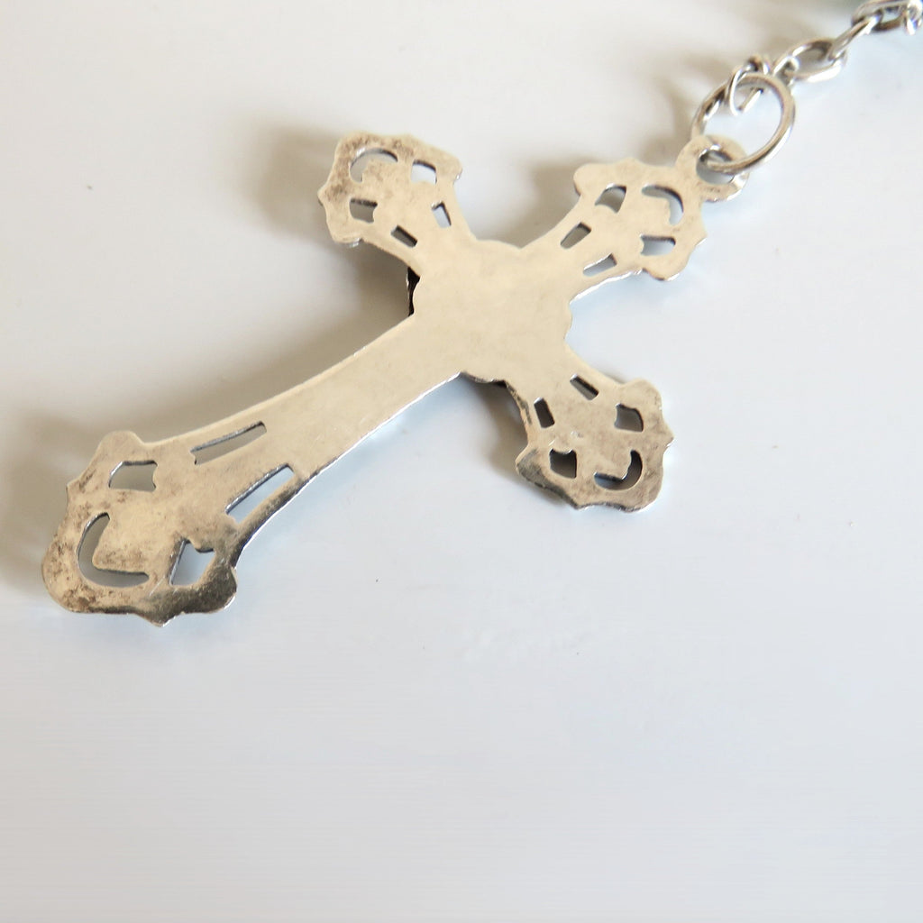 French Late 1920s Rosary Aqua Blue Glass Silver Crucifix Capped Beads - Vintage French Treasures