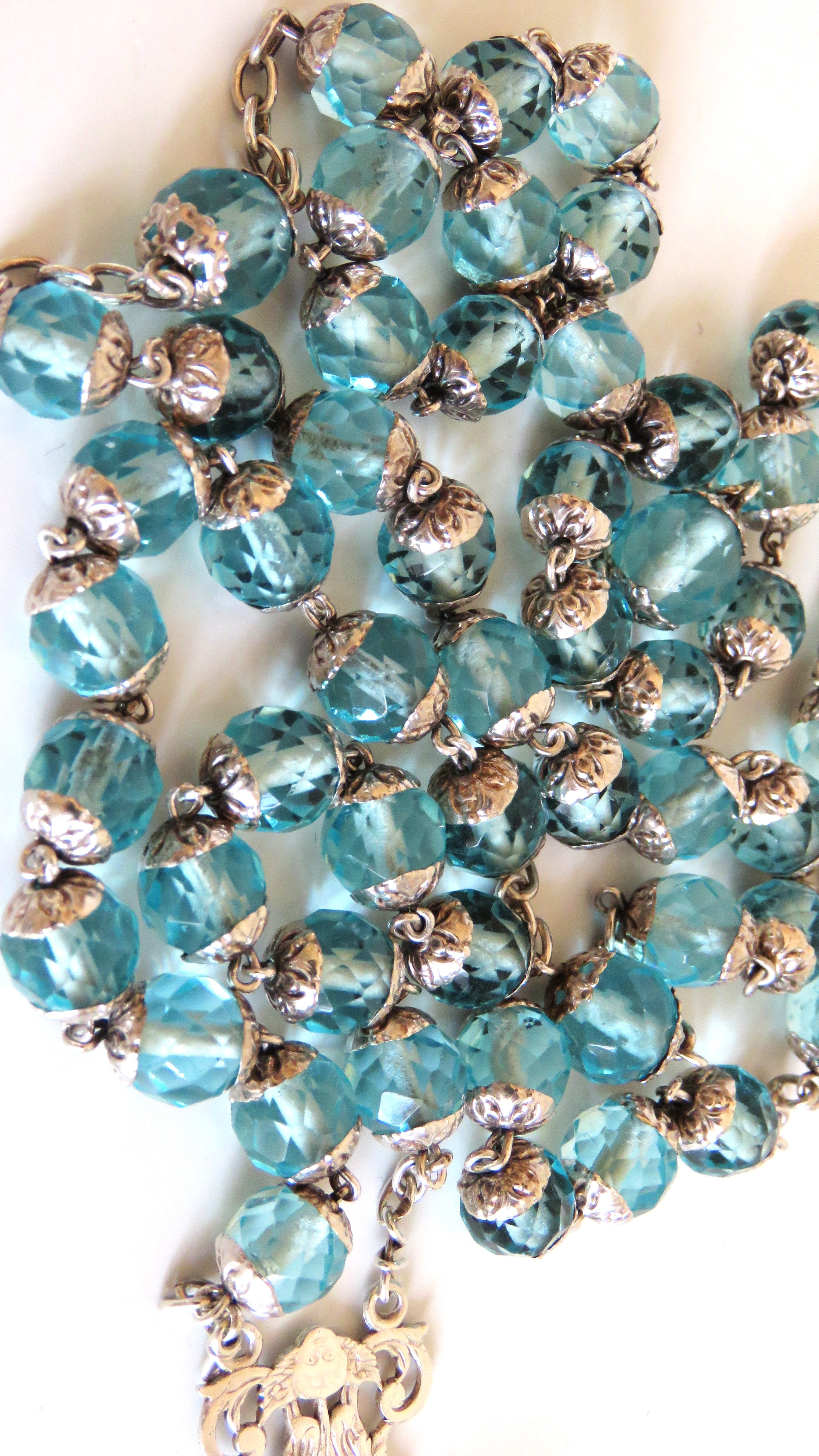 French Late 1920s Rosary Aqua Blue Glass Silver Crucifix Capped Beads - Vintage French Treasures