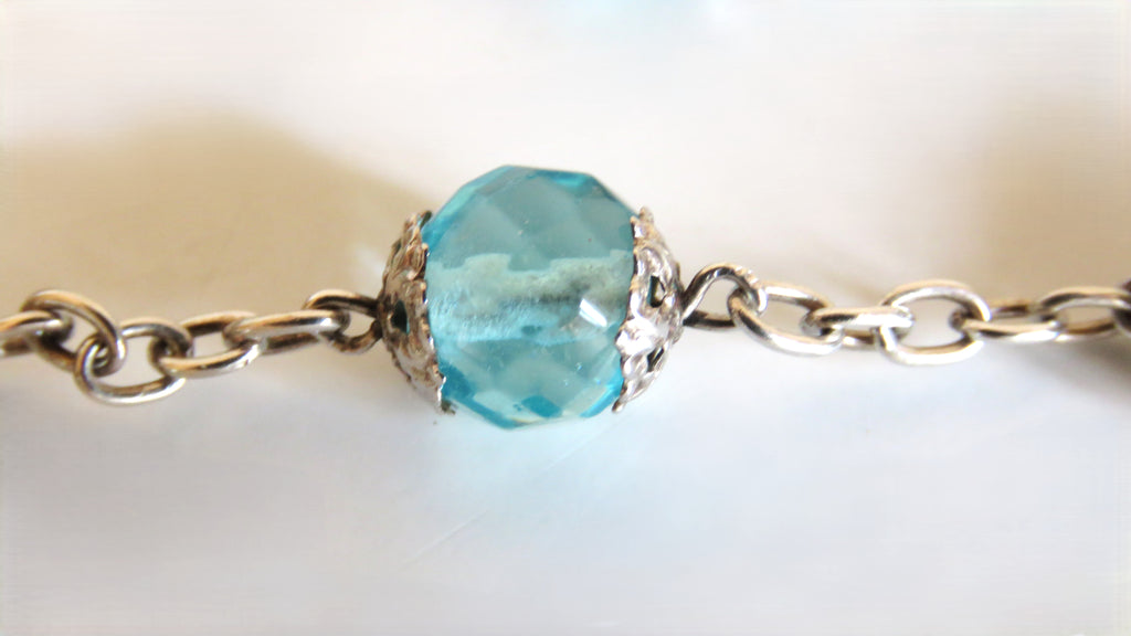 French Late 1920s Rosary Aqua Blue Glass Silver Crucifix Capped Beads - Vintage French Treasures